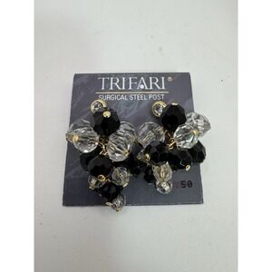 Vintage Trifari Beaded Earrings Black Clear Gold - New On Tag - Studs